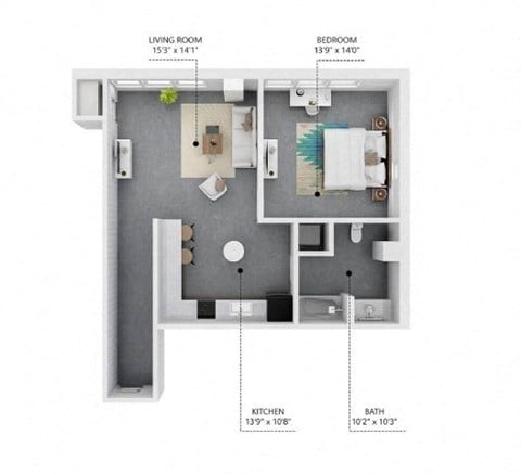 Floor plan for 1 bed, 1 bath, 805 sqft
